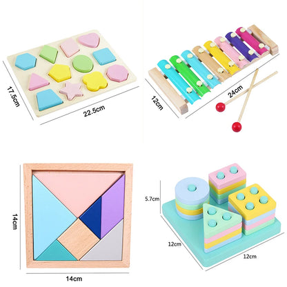 Kids Montessori Wooden Toys Macaron Blocks Learning Toy Baby Music Rattles Graphic Colorful Wooden Blocks Educational Toy