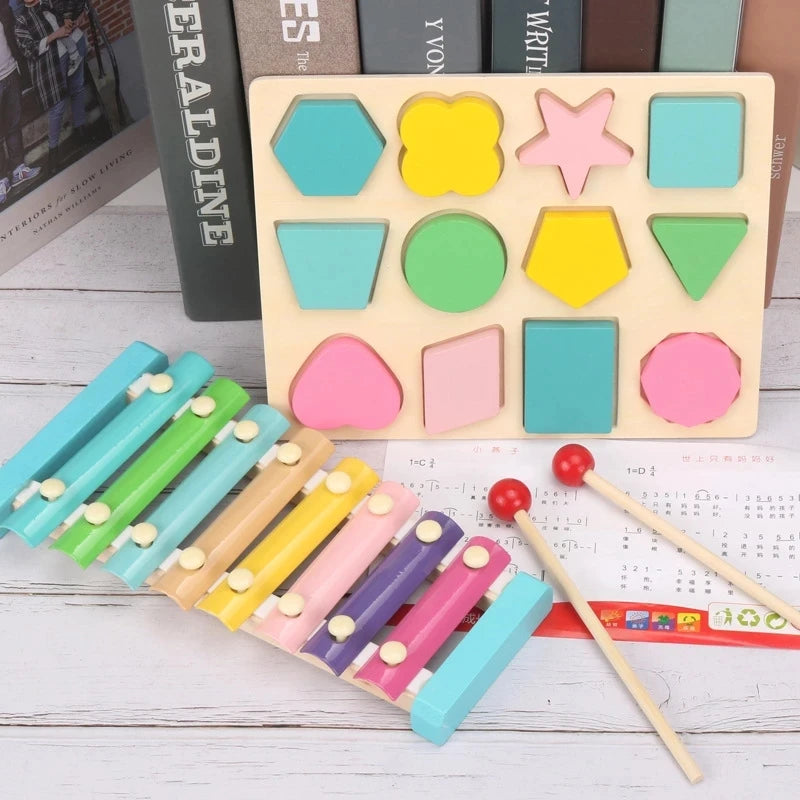 Kids Montessori Wooden Toys Macaron Blocks Learning Toy Baby Music Rattles Graphic Colorful Wooden Blocks Educational Toy