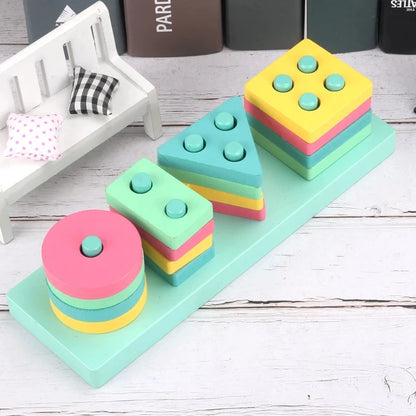 Kids Montessori Wooden Toys Macaron Blocks Learning Toy Baby Music Rattles Graphic Colorful Wooden Blocks Educational Toy