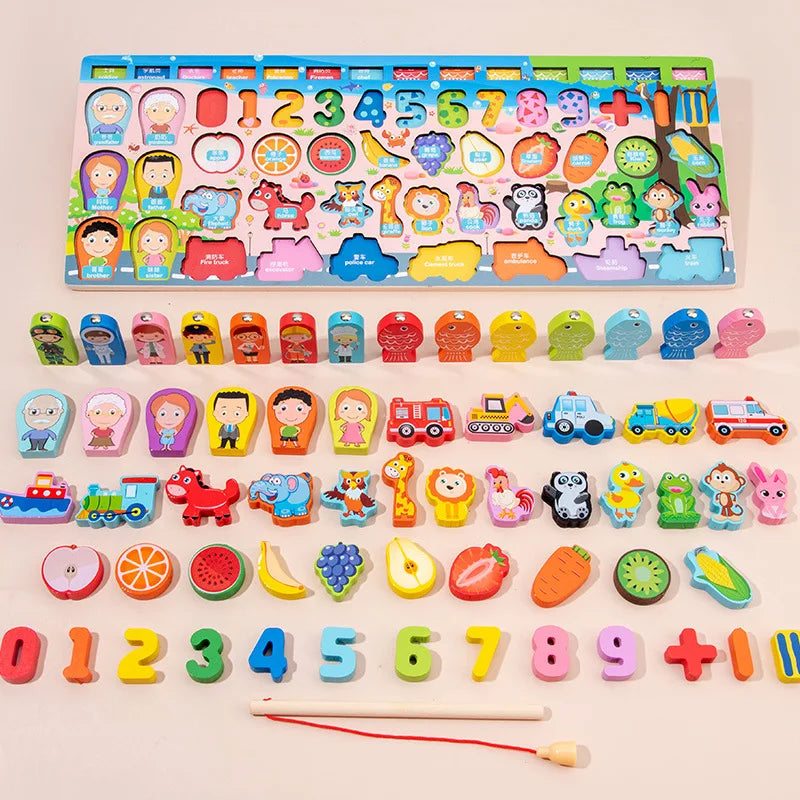 Kids Educational Wooden Math Toys Children Busy Board Count Shape Colors Match Fishing Puzzle Learning Toys Gifts