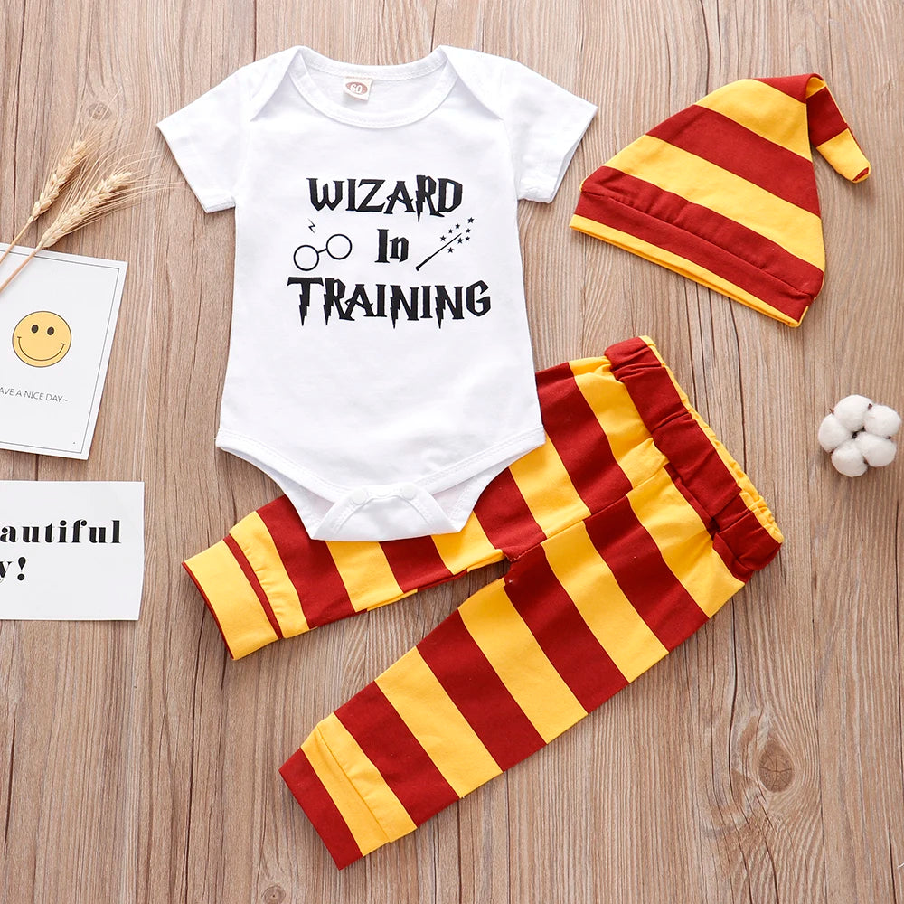 Newborn Little wizard has arrived Romper+Pants+Hat 3PCS Infant Baby Clothing