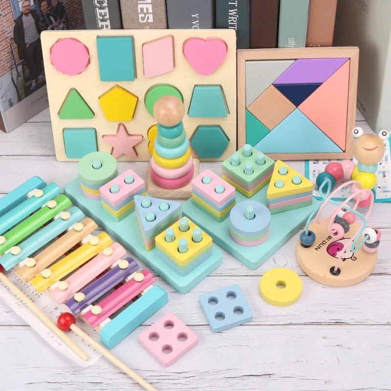 Kids Montessori Wooden Toys Macaron Blocks Learning Toy Baby Music Rattles Graphic Colorful Wooden Blocks Educational Toy