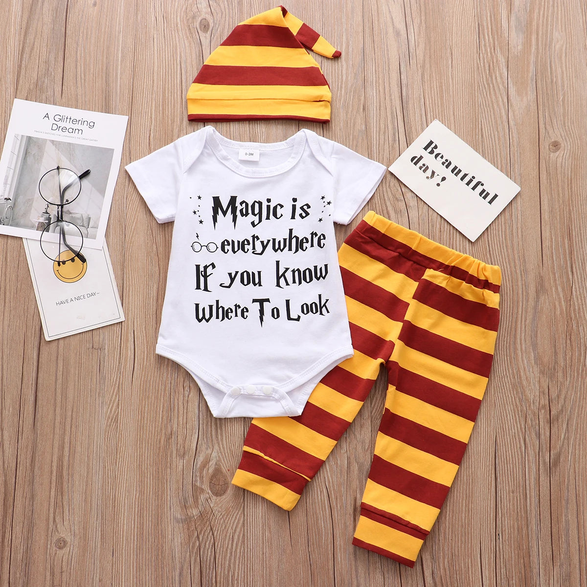 Newborn Little wizard has arrived Romper+Pants+Hat 3PCS Infant Baby Clothing