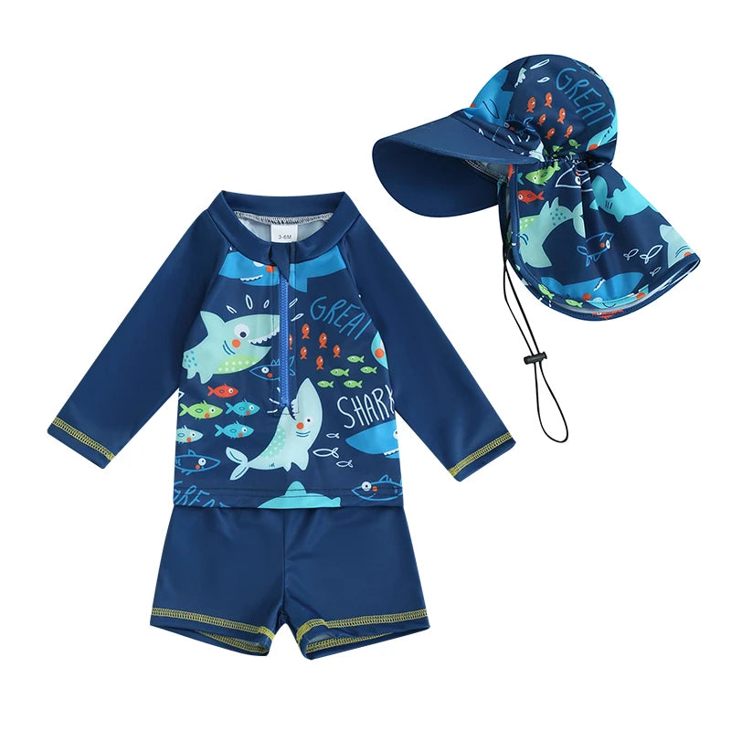 Toddler Baby Boys Summer Swimsuit Set Fish Print Long Sleeve Tops Elastic Waist Swim Trunks Hat Kids 3Pcs Bathing Suit