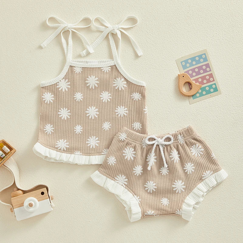 2023-12-07 Lioraitiin 0-18M Newborn Baby Girl Clothes Set Waffle Floral Tops+Ruffles Shorts Infant Girl Clothing Outfits