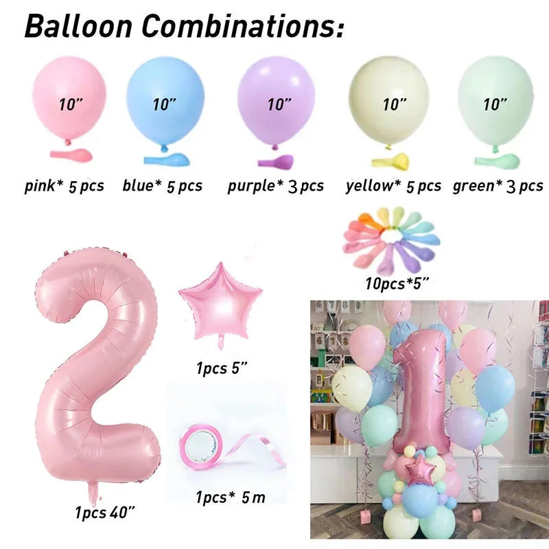 40inch Pink Number Foil Balloons Happy Birthday Party Decorations Kids Unicorn Macaroon Globos