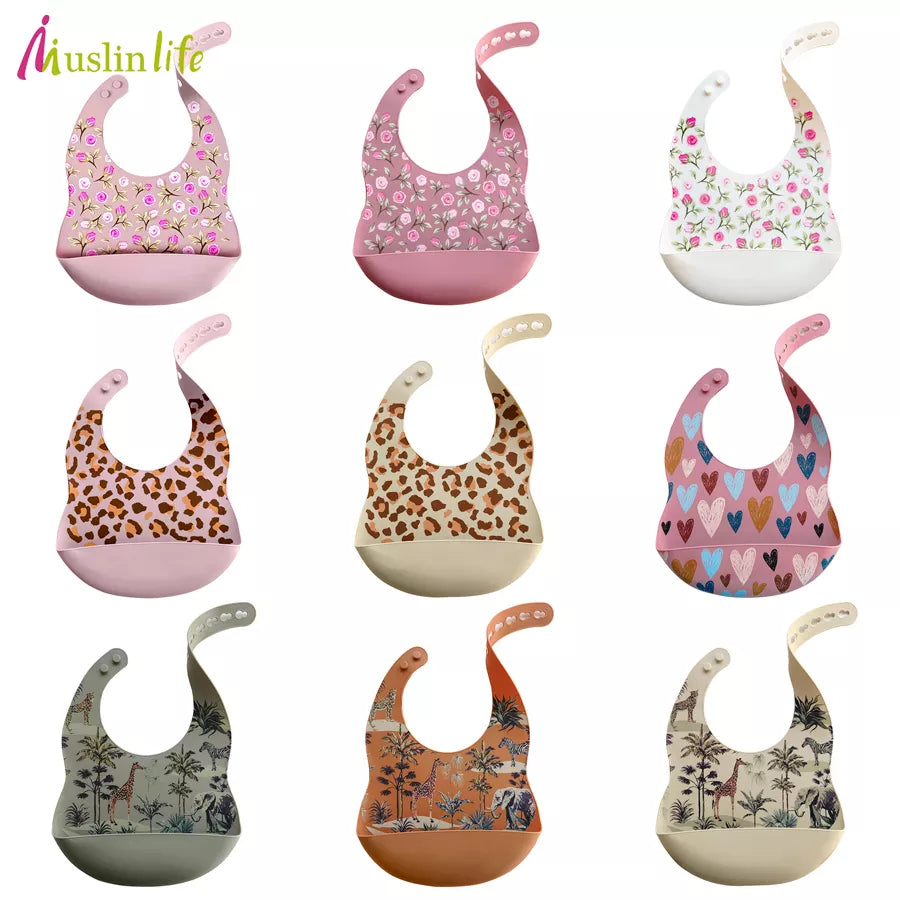 Fashionable Cartoon Printed Waterproof Soft Baby Silicone Bibs