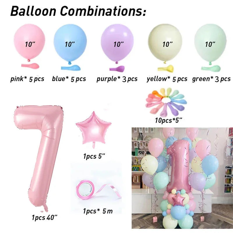 40inch Pink Number Foil Balloons Happy Birthday Party Decorations Kids Unicorn Macaroon Globos