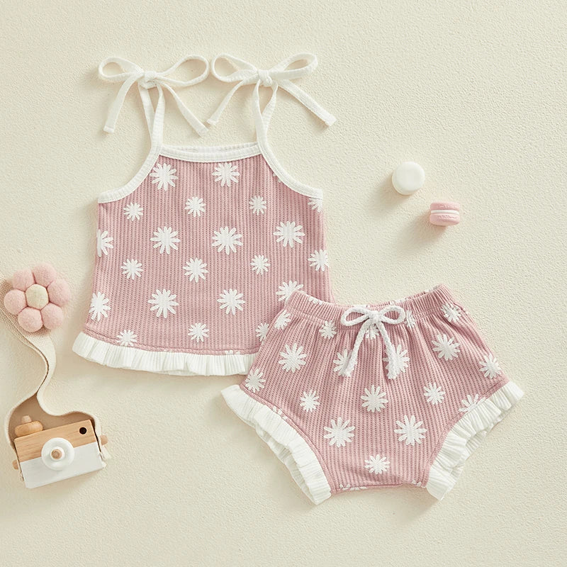 2023-12-07 Lioraitiin 0-18M Newborn Baby Girl Clothes Set Waffle Floral Tops+Ruffles Shorts Infant Girl Clothing Outfits