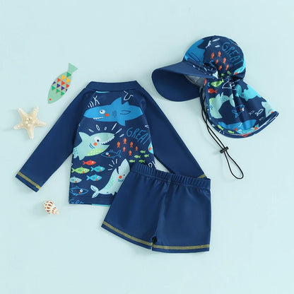 Toddler Baby Boys Summer Swimsuit Set Fish Print Long Sleeve Tops Elastic Waist Swim Trunks Hat Kids 3Pcs Bathing Suit