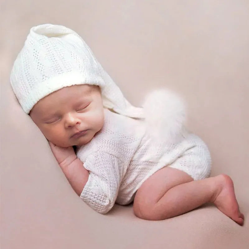 2 Pieces Set Newborn Photo Shooting Clothes Knitting Baby Boy Jumpsuit with Pompom Hat Infant Photography Props