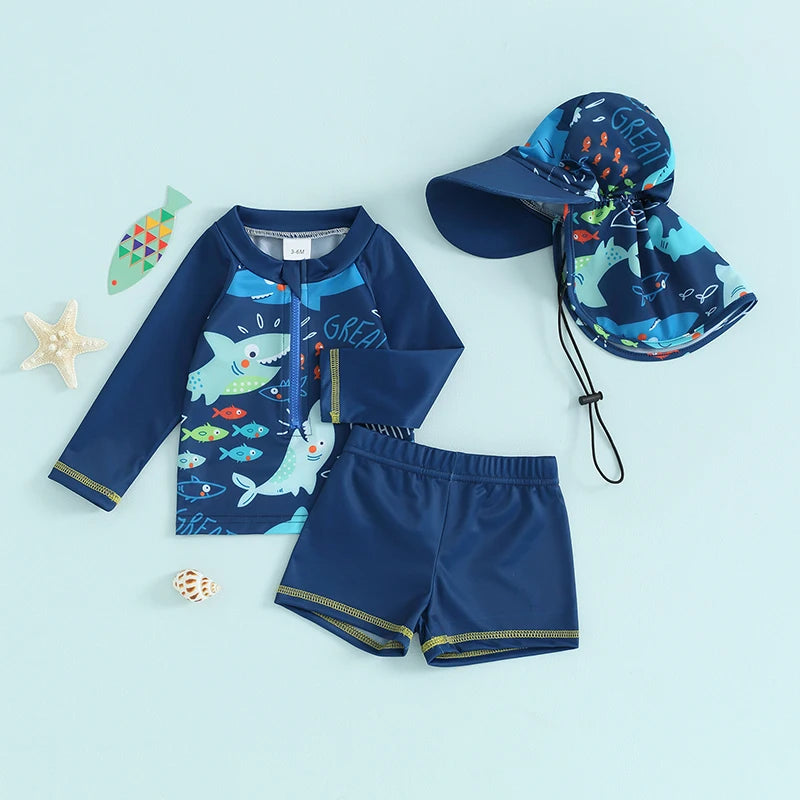 Toddler Baby Boys Summer Swimsuit Set Fish Print Long Sleeve Tops Elastic Waist Swim Trunks Hat Kids 3Pcs Bathing Suit