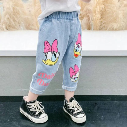 Spring Summer Children Cartoon Daisy Jeans Thin Baby Girls Loose Denim Pants Kids Fashion Casual Trousers for 2-6 Years