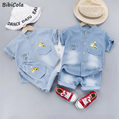 Mia~Mya~Mae Summer Infant Clothes Cartoon Giraffe T-shirt + Denim Shorts 2PCS Toddler Kids Casual Suit Tracksuit