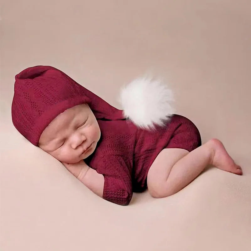 2 Pieces Set Newborn Photo Shooting Clothes Knitting Baby Boy Jumpsuit with Pompom Hat Infant Photography Props