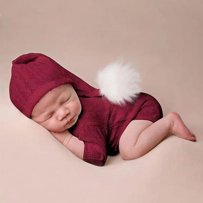 2 Pieces Set Newborn Photo Shooting Clothes Knitting Baby Boy Jumpsuit with Pompom Hat Infant Photography Props