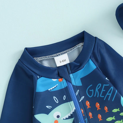 Toddler Baby Boys Summer Swimsuit Set Fish Print Long Sleeve Tops Elastic Waist Swim Trunks Hat Kids 3Pcs Bathing Suit