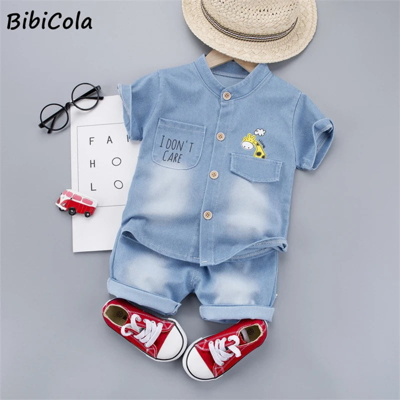 Mia~Mya~Mae Summer Infant Clothes Cartoon Giraffe T-shirt + Denim Shorts 2PCS Toddler Kids Casual Suit Tracksuit