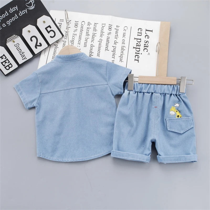 Mia~Mya~Mae Summer Infant Clothes Cartoon Giraffe T-shirt + Denim Shorts 2PCS Toddler Kids Casual Suit Tracksuit