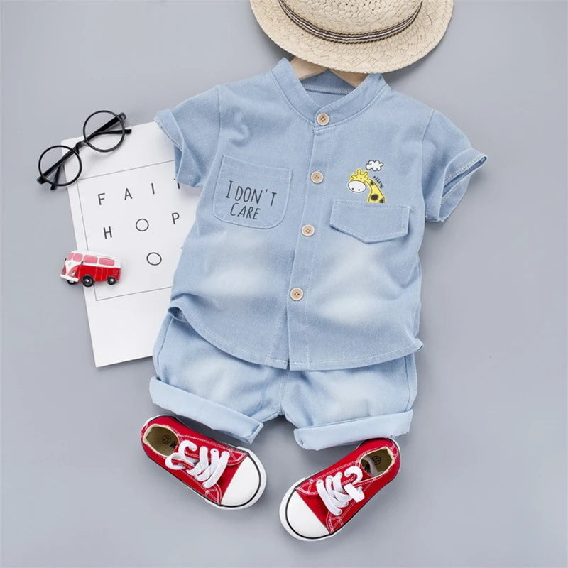 Mia~Mya~Mae Summer Infant Clothes Cartoon Giraffe T-shirt + Denim Shorts 2PCS Toddler Kids Casual Suit Tracksuit