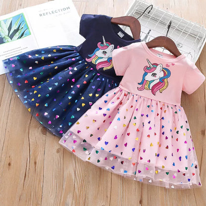 Mia~Mya~Mae Summer Girls Dress Cotton Cartoon Unicorn  Mesh Party Princess Dresses For 2-6 Years Girls Birthday Clothes