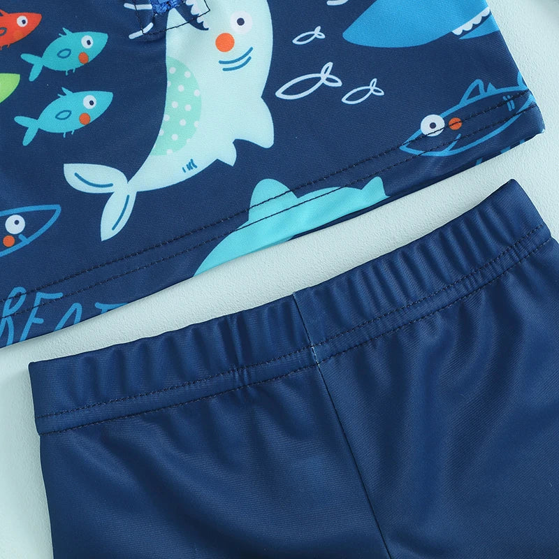 Toddler Baby Boys Summer Swimsuit Set Fish Print Long Sleeve Tops Elastic Waist Swim Trunks Hat Kids 3Pcs Bathing Suit