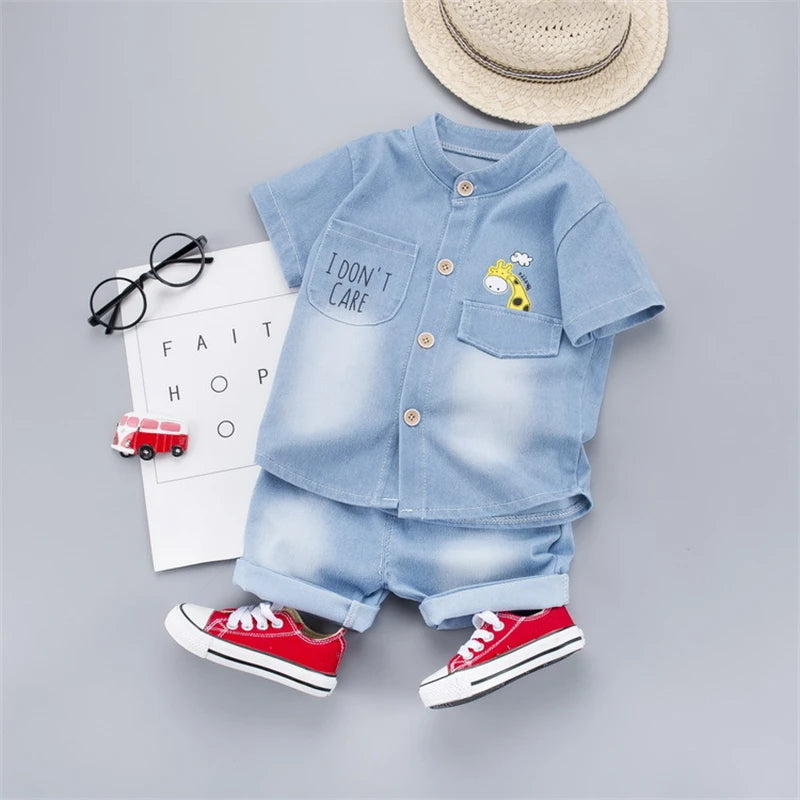 Mia~Mya~Mae Summer Infant Clothes Cartoon Giraffe T-shirt + Denim Shorts 2PCS Toddler Kids Casual Suit Tracksuit