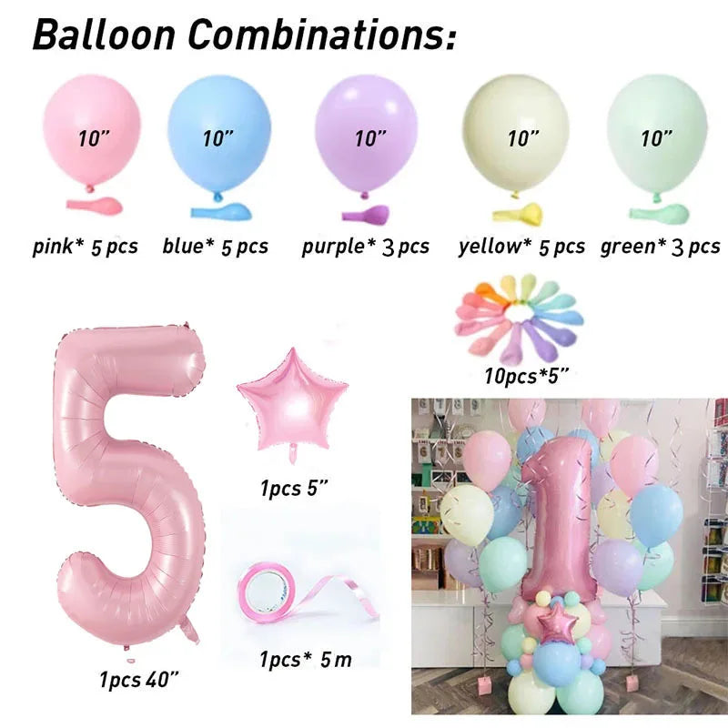 40inch Pink Number Foil Balloons Happy Birthday Party Decorations Kids Unicorn Macaroon Globos